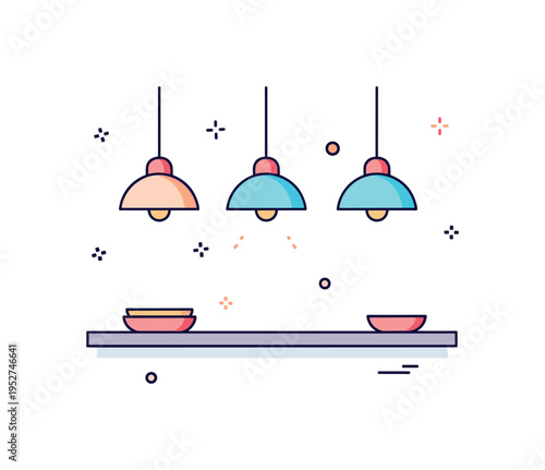 Efficient kitchen lighting design illustrated by simple pendant lights hanging above a countertop, symbolizing clarity and functional illumination. The clean