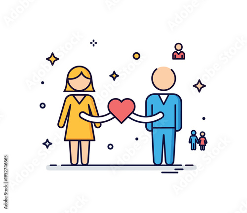 Family caregiving bond centered on two simplified figures connected by a small heart symbol, expressing dedication, empathy, and close personal commitment. A
