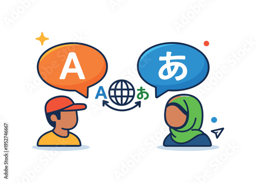 International conversation between people from different backgrounds as simple speech bubbles with different letters connect through a small translation icon