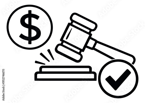 Line art illustration of financial judgment depicting a gavel striking, dollar sign, and checkmark for business and legal decisions