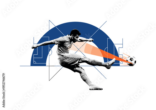 Black and white soccer player kicking a ball at full force, oversized deep blue semicircle framing the action, orange triangular accent highlighting the ball