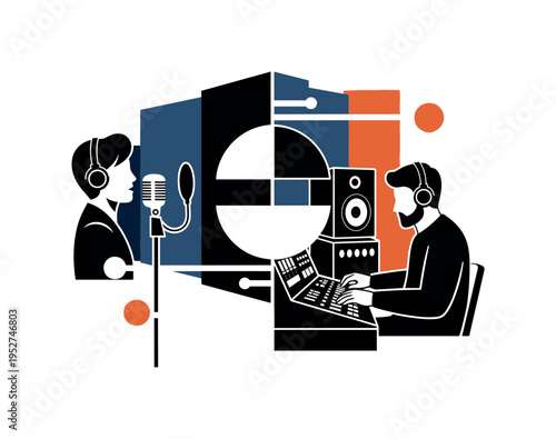 Black and white recording studio booth divided by a bold vertical line, singer on one side and producer on the other, semicircles and linear beams connecting