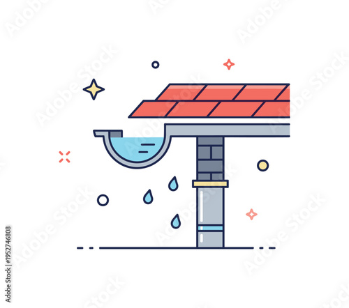 Roof gutter drainage simplified roof edge with gutter channel guiding rainwater into a downspout, representing practical building design and runoff management.
