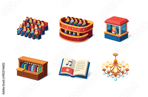 Concert Audience. Isometric flat vector icons set of Concert Audience: seated audience rows, balcony theater seating section, ticket booth window, coat check