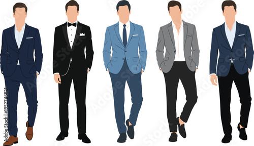 Flat vector illustration of a diverse group of professional men in elegant business suits, tuxedos, and formal attire for fashion.