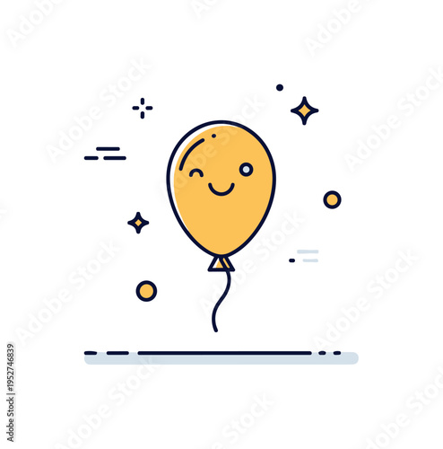 Playful joy theme centered on a balloon floating upward with a smiling accent and tiny sparkle details, expressing carefree happiness and lightness. The visual