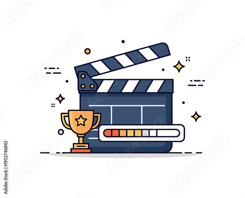 Gamified movie screening represented by a film clapperboard combined with a small trophy and progress bar. Subtle sparkle accents convey achievement,