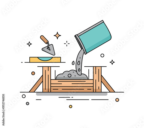 Foundation construction process centered on wet concrete being poured into a simple wooden formwork with subtle trowel icon nearby, symbolizing preparation and