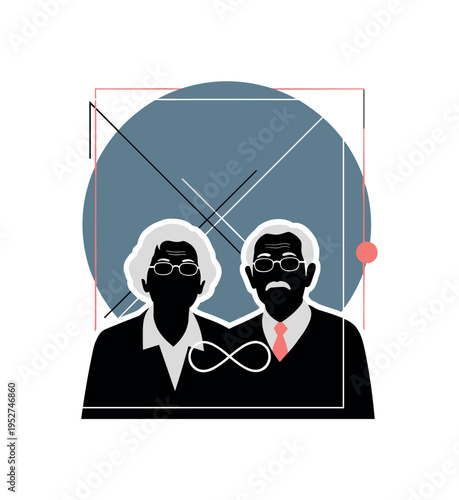 Black and white elderly couple silhouettes facing forward, large muted blue circle centered behind them symbolizing shared knowledge, abstract geometric lines