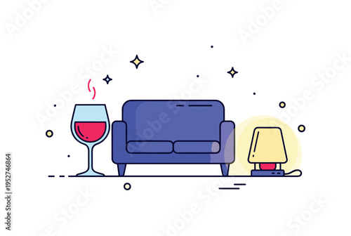 Evening relaxation ritual depicted with a wine glass near a sofa silhouette and soft ambient lamp icon, expressing a quiet moment of unwinding. Gentle sparkle