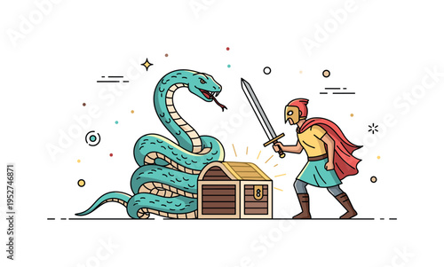 Hero confronting a serpent guardian coiled around a glowing treasure chest, capturing tension, courage, and the decisive moment before action. A bold visual