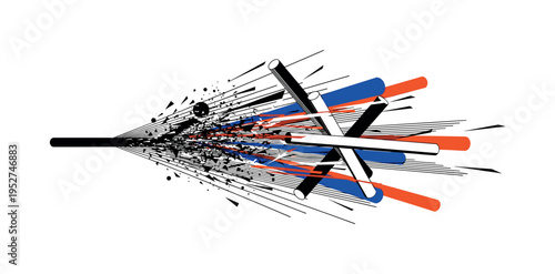 Black and white stick transforming into abstract linear pattern across the page, sharp angular shards and cylindrical forms intersecting, vivid orange and