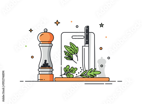 Cooking preparation scene pepper grinder placed near a simple cutting board with herbs and knife silhouette, suggesting active meal preparation. A compact