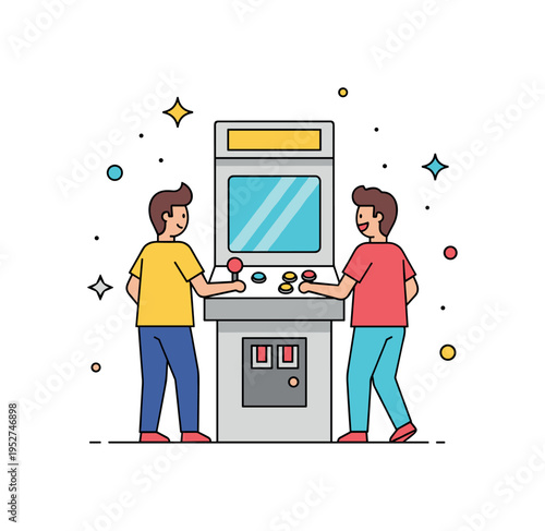 Arcade game fun illustrated by two friends standing side by side at a minimal arcade machine with bright buttons, expressing nostalgia and playful competition.