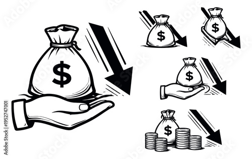 Hand drawn financial icon set featuring money bags, falling arrows, and coins for economic decline