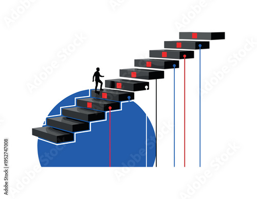 A monochrome realistic staircase made of abstract rectangular blocks ascending upward, a small human silhouette climbing confidently, large cobalt blue circle