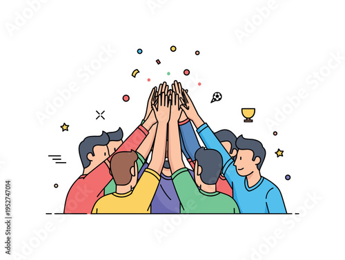 Sports team victory players forming a tight circle with hands raised for high fives, small confetti dots floating above. A lively concept badge about unity and