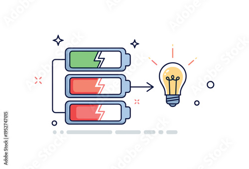 Battery powered light concept showing stacked battery cells connected to a small glowing bulb icon with subtle energy spark accents, representing stored energy