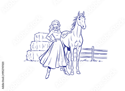 Cowgirl with horse vintage artwork for t shirt. Ranch life artwork for apparel and poster. Western outdoor design. Wild spirit. Horse lover gift.