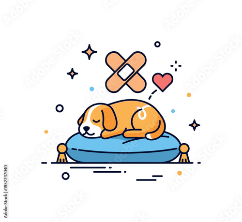 Animal recovery and rehabilitation shown through a small pet resting on a cushion with a supportive bandage icon and subtle heart accent to represent healing