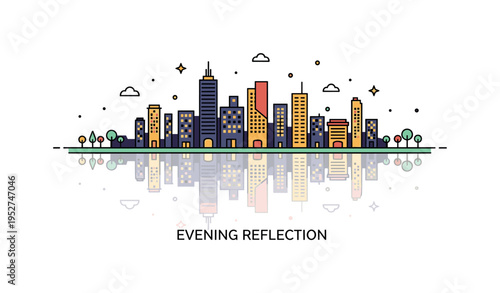 Illuminated city skyline reflection illustration with a row of glowing buildings mirrored by a smooth water surface line below, expressing calm yet lively