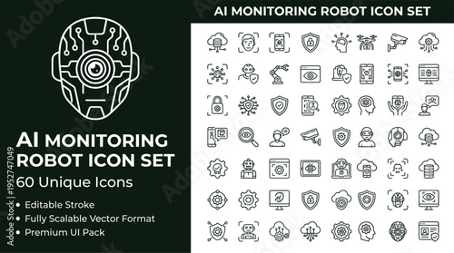 AI monitoring robot line icon set with surveillance automation security analytics and smart technology symbols