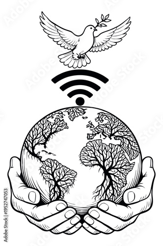 Hand drawn line art illustration of the earth held by hands depicting a dove of peace and wireless connection for global communication and environmental awareness