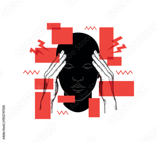 A monochrome abstract head silhouette with detailed hands at temples, surrounded by red rectangular blocks and minimal abstract zigzag icons symbolizing mental