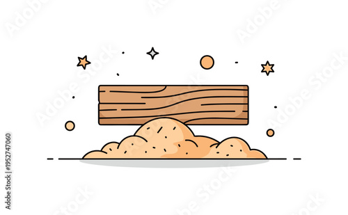 Sawdust texture detail small scattered wood particles forming a soft organic pile beneath a simple plank, expressing craftsmanship in progress and the tactile