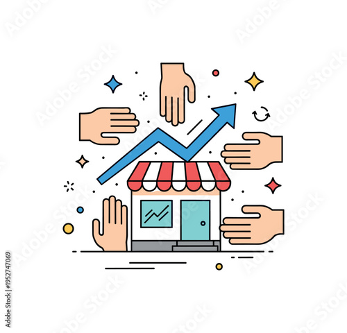 Impact driven startup supported by community shown as a small storefront with a rising arrow and surrounding supportive hands, expressing growth fueled by