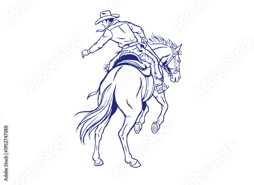Cowboy rodeo artwork for t-shirt. Wild west vintage graphic. Bronco riding illustration. Horse and rider design for apparel. Western adventure.