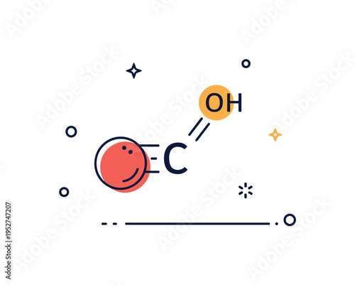 Carboxylic acid group carbon double bonded to oxygen with adjacent OH group highlighted, representing key functional group in biomolecules and polymers.