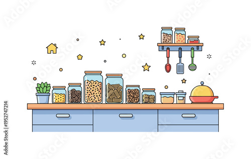 Decluttering kitchen counters concept featuring a clean countertop with neatly arranged transparent storage jars filled with grains and pasta, expressing order