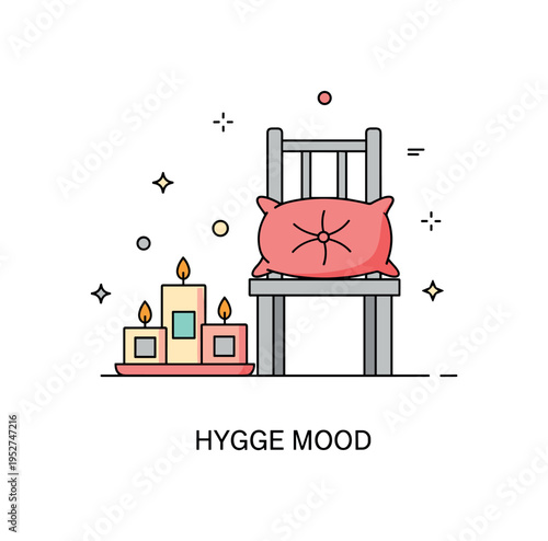 Scandinavian style hygge atmosphere concept showing a compact candle trio and a soft cushion placed beside a simple chair, expressing coziness and mindful