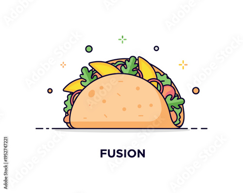 Fusion fish tacos with tropical twist featuring a taco topped with mango slices and fresh herbs, symbolizing creative culinary experimentation and global