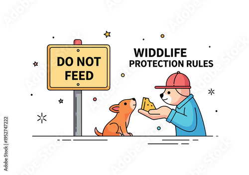 Wildlife protection rules A bold park warning sign reading Do Not Feed next to a small animal looking up at a snack in a visitor?s hand, expressing the