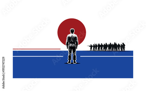 Black and white realistic solitary unarmed figure standing calmly facing a distant line of soldiers in silhouette, oversized deep red circle behind the lone