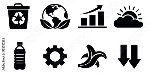 Universal solid icon set featuring a recycle bin, earth globe, growth chart, and banana for design projects