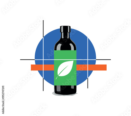 Black and white modern product bottle with minimal green label centered, bold blue circular halo behind the bottle and bright orange horizontal bar subtly