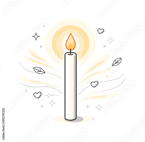Symbol of hope and warmth. Elegant slim candle standing upright, flame gently dancing, soft halo glow behind it, minimal abstract waves suggesting warmth