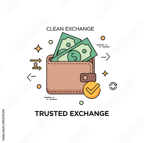Safe currency exchange advice illustrated through a wallet and neatly arranged bills with a small verified check icon. Clean exchange arrows and ?Trusted