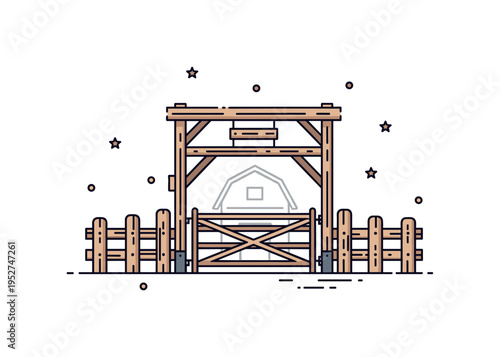 Traditional farm gate for pigsty depicting a weathered wood style entrance framed by short fence posts and a subtle barn outline, conveying authenticity and