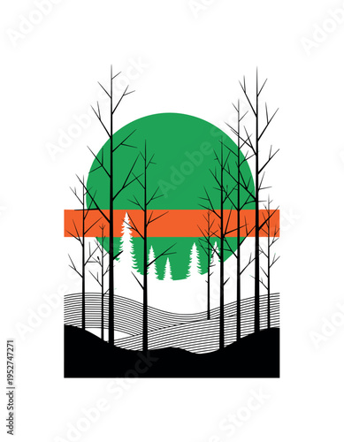 Black and white canvas displaying a simplified forest landscape, large green sun-like circle rising behind stylized trees, orange horizontal bar cutting across