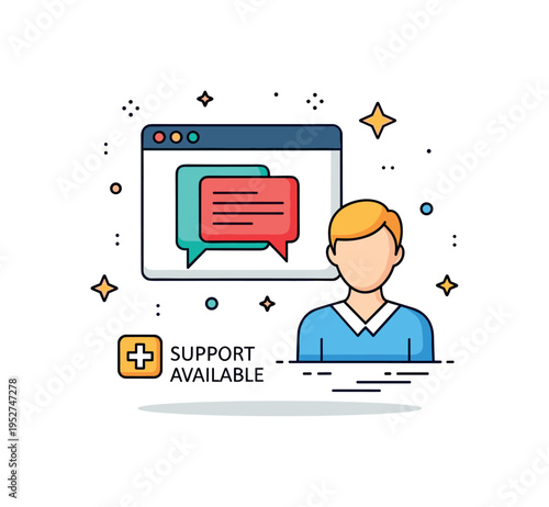 Seeking professional help during societal stress shown by a simple chat window icon beside a calm figure. A small plus symbol and ?Support Available? text
