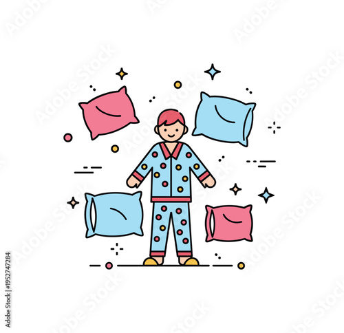 Pajama day at home playful comfort concept illustrated by a figure in patterned pajamas surrounded by soft pillow shapes and tiny sparkle accents. A bright and