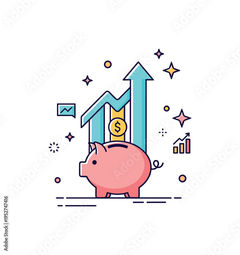 Savings goal planning illustrated with a piggy bank and upward arrow graph emerging from it, expressing growth and long term financial stability. Compact badge