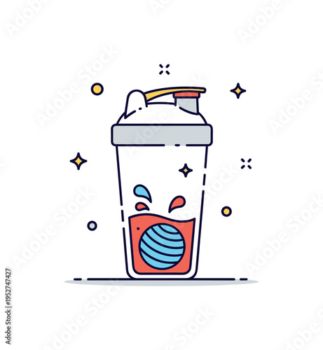 Protein shaker bottle standing upright with a visible mixing ball inside and subtle splash accents suggesting freshly blended nutrition. A clean and energetic