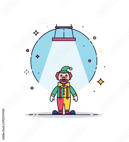 Circus stage spotlight single clown standing under a round spotlight circle with subtle star accents around, conveying performance and audience attention. A