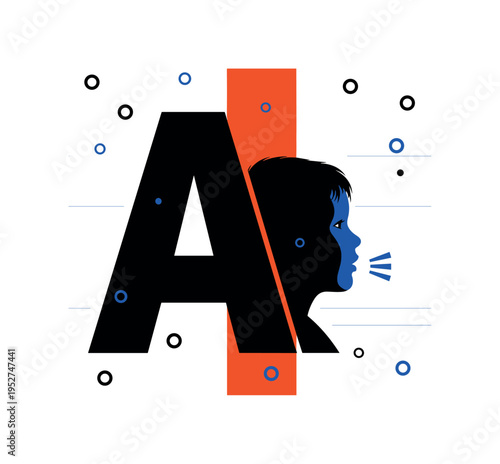 Black and white large typographic letter A combined with profile silhouette of a child speaking, bold orange abstract block slicing vertically, thin horizontal