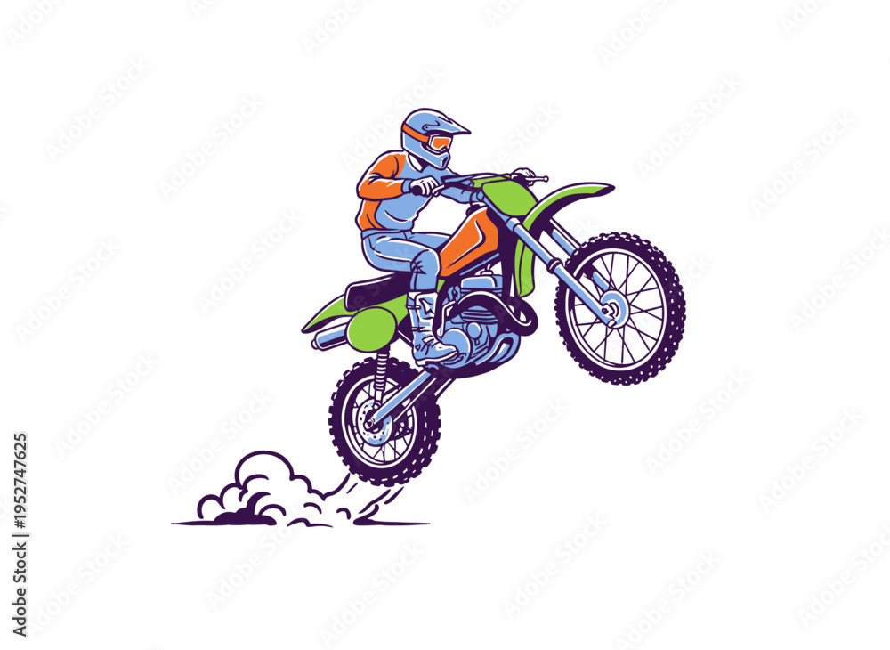 Fototapeta premium Motocross racing artwork. Dirt bike extreme sport design for t-shirt. Speed racing poster. Fast wheels challenge. Extreme motorcross jump.
